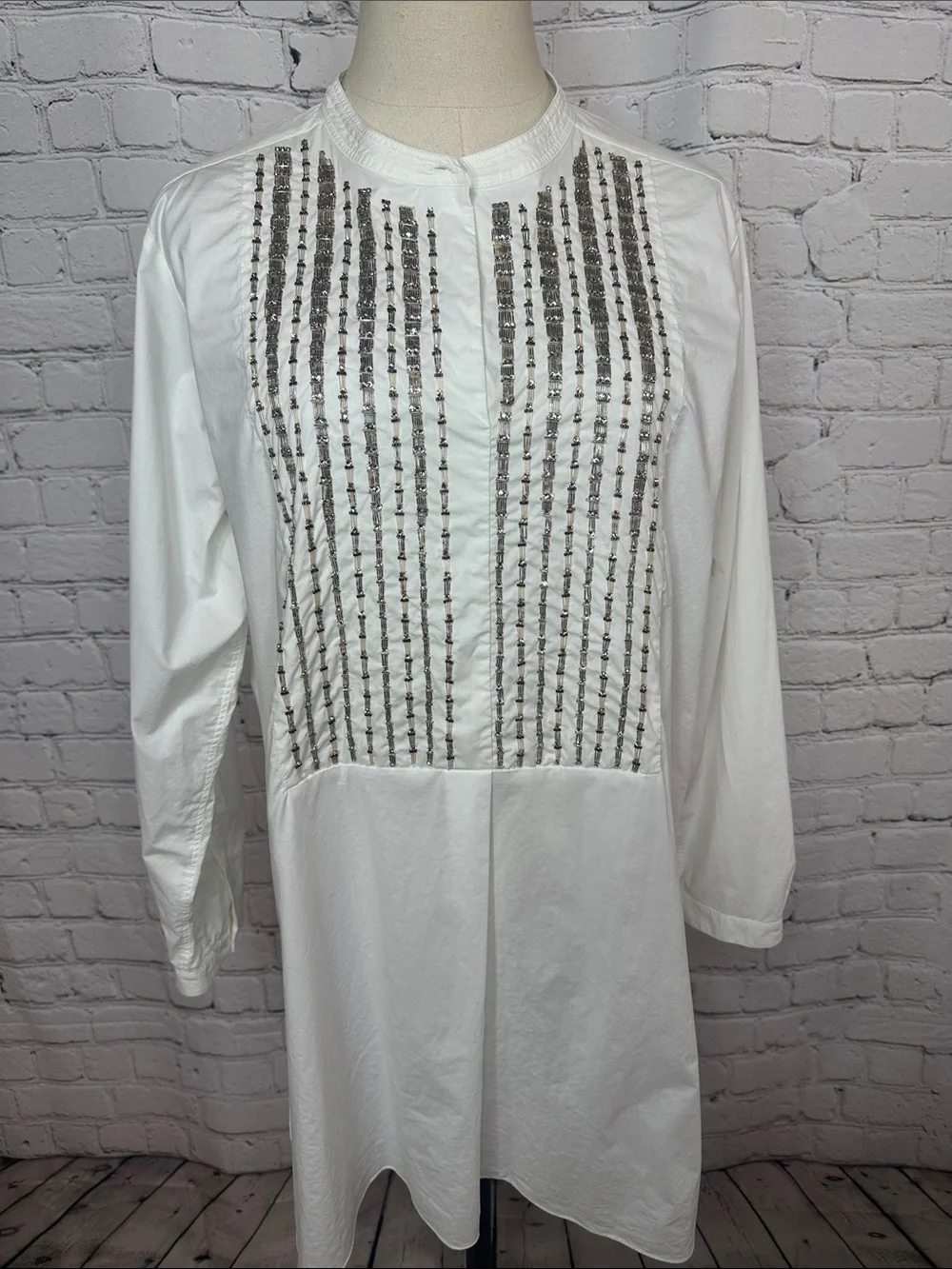 Paule Ka Paris White Beaded Embellished Tunic Blouse Cotton Size 44 US 12